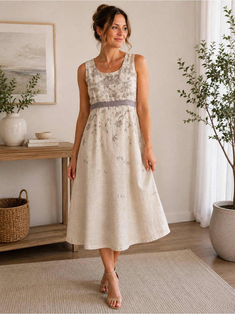 Kaliko Linen & Silk Blend Floral Midi Dress | Elegant style Size UK 16 / Euro 42